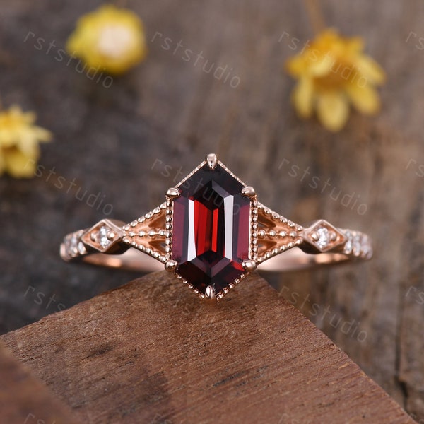 Vintage Long Hexagon Cut Red Garnet Ring Diamond Rose Gold Band Garnet Jewelry Art Deco Promise Engagement Ring For Women January Ring Gift