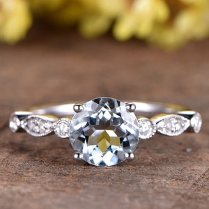 Aquamarine Engagement Ring Art Deco Wedding Band Unique Aquamarine Crystal Jewelry Solitaire Ring 6.5mm Blue Gemstone Ring White Gold