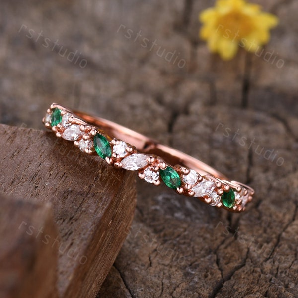 Marquise green emerald real diamond wedding band rose gold emerald band bridal ring half eternity band anniversary ring birthstone silver