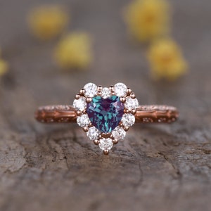 Heart Shape Alexandrite Engagement Ring Color Changing Gemstone Ring June Birthstone Ring Anniversary Ring Alexandrite Jewelry
