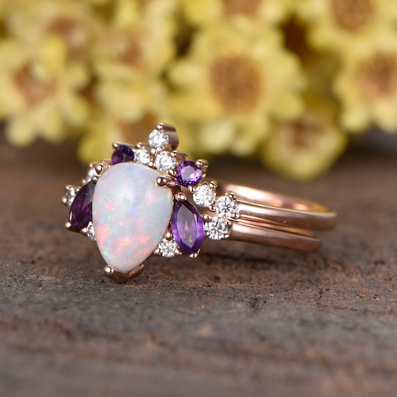 Natural Australia Opal Amethyst Engagement Ring Set pear Cut Fire Opal Ring amethyst Diamond Curved Band Rose Gold Opal Jewelry Bridal Set Etsy