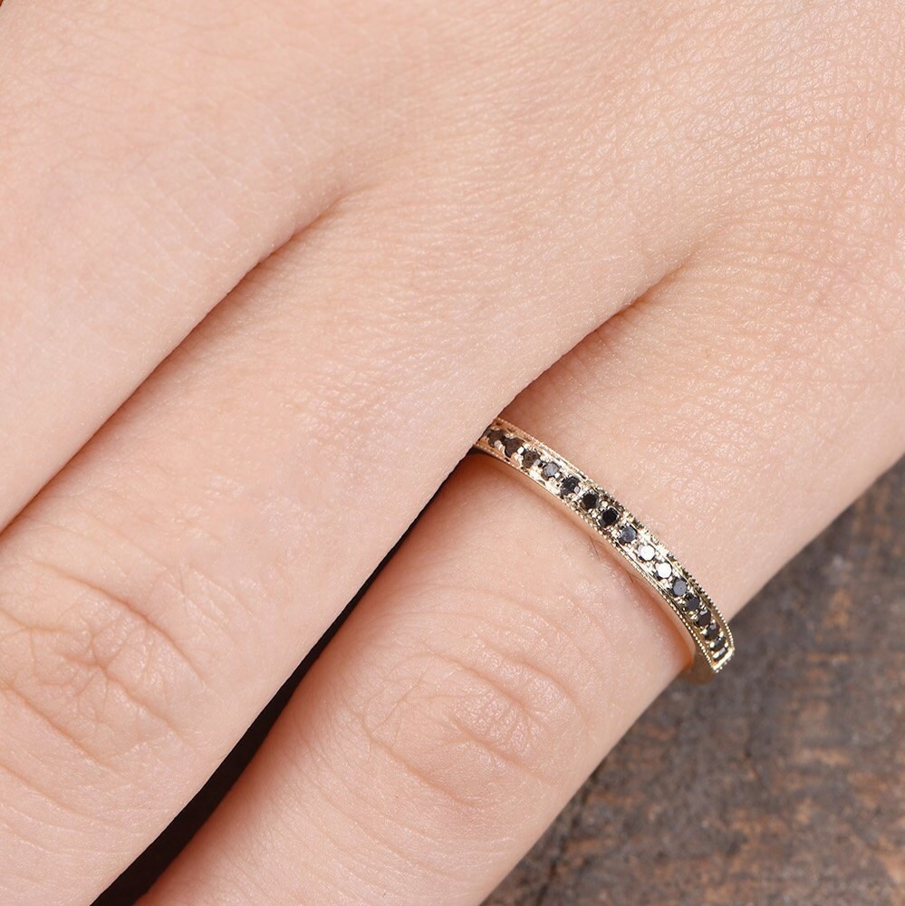 Black Diamond 14K Yellow Gold Wedding Band, Half Eternity Promise Ring ...