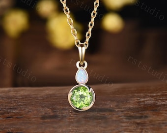 Vintage Inspired Round Green Peridot Necklace, Iridescent Teardrop Opal Pendant, Dainty Minimalist Bezel Set Jewelry, Anniversary Gift