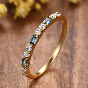 Baguette Blue Topaz Diamond Ring: 14K Gold Half Eternity Band