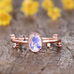 Unique natural Moonstone engagement ring rose gold diamond wedding ring rainbow moonstone  anniversary ring Moonstone Rings for women 14K