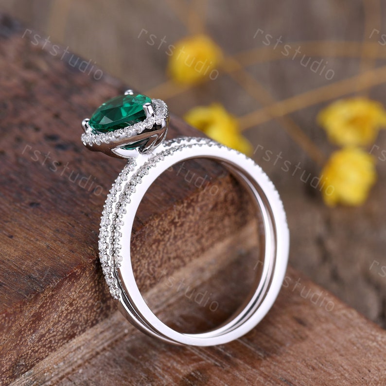 1.3ct Emerald Engagement Ring Teardrop Emerald Ring Diamond Wedding Band Pear Shape Bridal Wedding Set Dainty Ring Birthstone Ring image 5