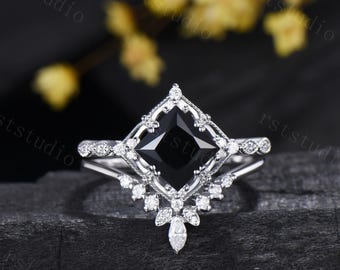 Art deco princess cut black onyx engagement ring set, Unique wedding ring set, vintage curved diamond matching band, white gold fine jewelry
