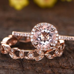 1.2ct Natural Morganite Engagement Ring Set Rose Gold Diamond Wedding Ring Floral Wedding Band Morganite Ring Vintage Morganite Jewelry