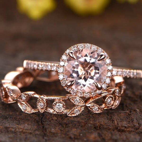 Rose Gold Morganite Engagement Ring Set, Floral Diamond Wedding Band