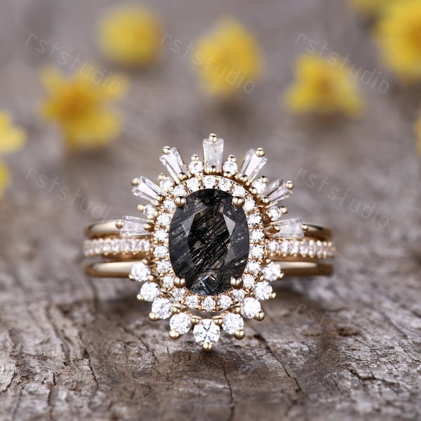 Oval Cut Black Rutilated Quartz engagement ring set,vintage crown bridal set,Baguette cut diamond rings for women,unique anniversary ring