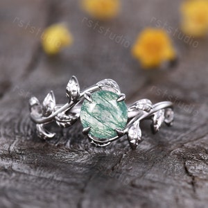 Moss Agate Engagement Ring: Vintage Leaf Silver Wedding Band