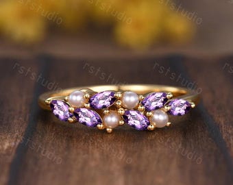 14K ゴールド アメジスト パール リング ヴィンテージ14金アメジストパールリング：2月の誕生石ウェディング