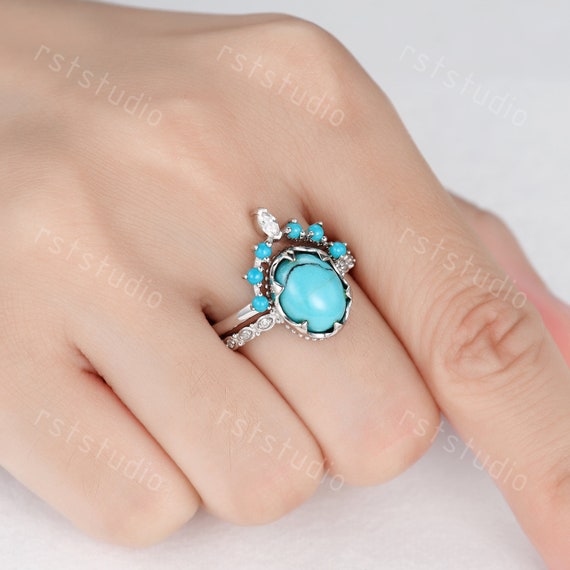 Anillo azul turquesa turquesa anillo de compromiso corona anillo de boda juego de anillo de diamantes vintage anillos azul turquesa vintage joyeria hecha a mano Etsy Mexico