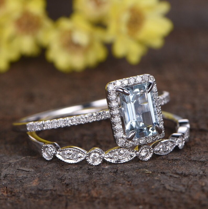 1ct Aquamarine Engagement Ring Set 14K White Gold Emerald Cut Etsy