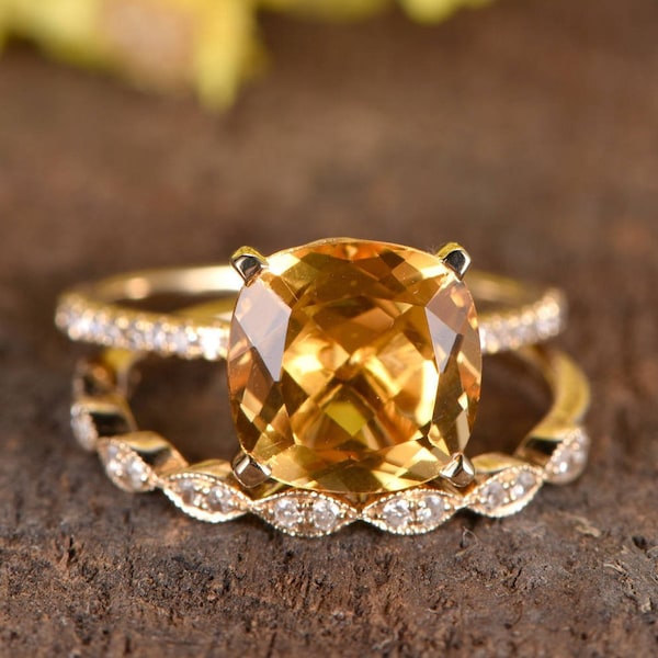 2.3ct Natural Citrine yelllow Citrine Engagement Ring Solitaire Ring Art Deco Marquise Diamond Wedding Band Citrine Cristal Citrine Jewelry