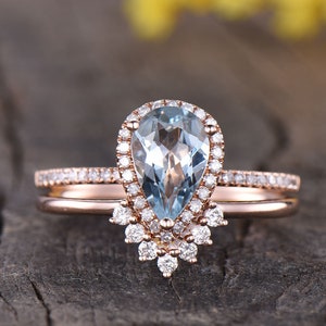 1.3ct Aquamarine Engagement Ring Set Blue Gemstone Promise Ring Diamond Wedding Band Natural Aquamarine Wedding Ring Set Mar Birthstone Ring
