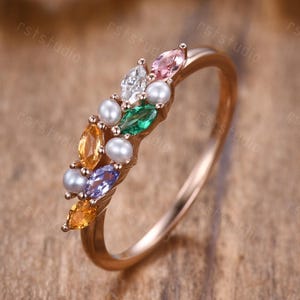 Vintage Pearl Cluster Ring: Citrine, Emerald & Tanzanite - Rose Gold Family Birthstone Stacking Band