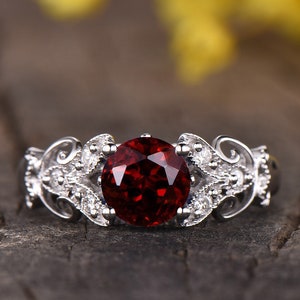 Red Garnet Engagement Ring Vintage Art deco curved wedding band antique flower ring unique birthstone promise ring white gold jewelry