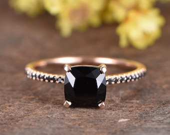 VS Black Spinel engagement ring 14K rose gold diamond wedding band 7mm cushion Black Spinel ring women ring vintage women ring promise ring