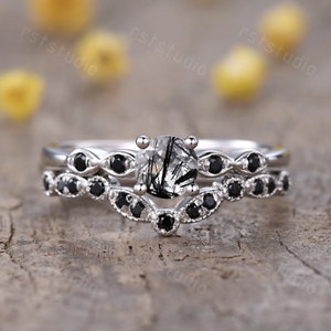 2pcs Black Rutilated Quartz Engagement Ring Set,Antique Black gemstone wedding ring set,vintage promise ring,unique solitaire ring