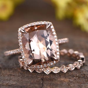 natural morganite engagement ring set gemstone ring full eternity diamond wedding band bridal ring 5.5ct cushion cut Morganite Jewelry
