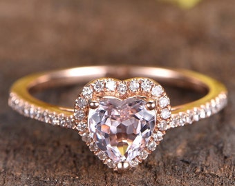 Heart Cut Natural Morganite Engagement Ring Rose Gold Halo Real Diamond Wedding Band Promise Ring Anniversary Ring Morganite Rings For Women