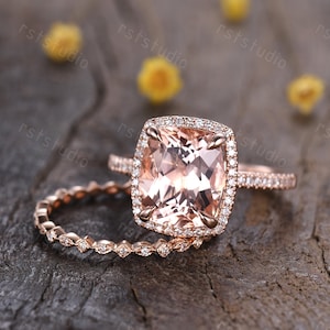 Vintage natural morganite engagement ring set diamond wedding band unique morganite wedding ring set anniversary gift for her 14k rose gold