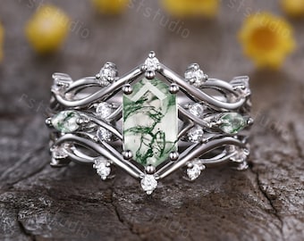 Hexagon Moosachat Ring Set: Sterling Silber Art Deco Brautschmuck