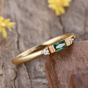 Antique emerald engagement ring Diamond band,bagutte Green Emerald 14k gold,emerald jewelry for women anniversary gifts May birthstone