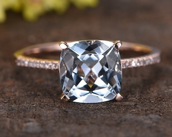 2.3ct blue aquamarine engagement ring,14k rose gold aquamarine ring diamond band,promise ring,March birthstone ring aquamarine jewelry gifts
