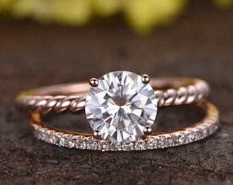 Anillo de compromiso de moissanita, banda retorcida de oro rosa de 14 k, anillo de bodas de diamantes