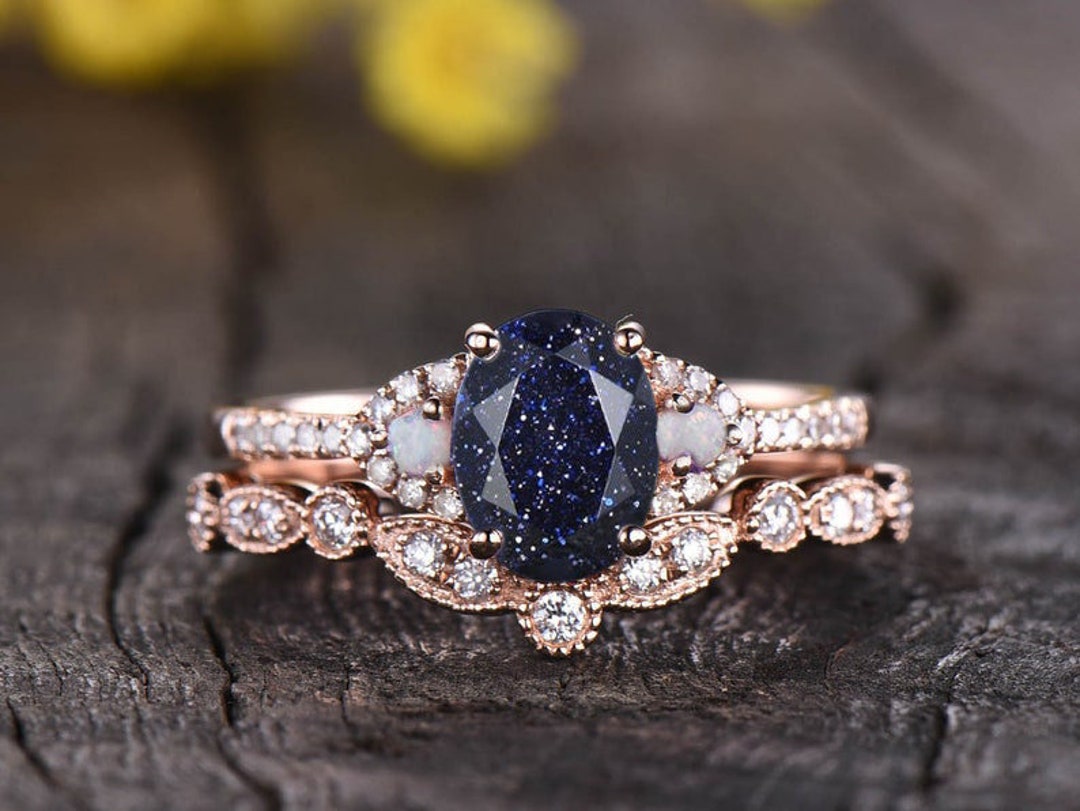 3A Blue Sandstone Engagement Ring Set Sand Stone Ring Diamond Etsy