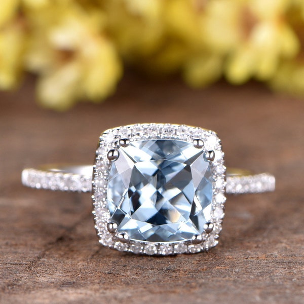 2.3 carat aquamarine engagement ring diamond wedding band March birthstone ring blue Aquamarine Jewelry personalized gifts for women