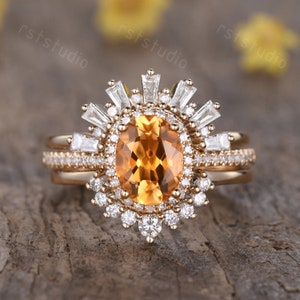 Citrine engagement ring set yellow citrine ring 14k rose gold vintage diamond wedding rings gemstone ring,antique jewelry citrine cristal
