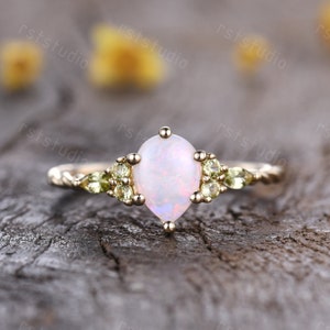 Natural Australia Opal Engagement Ring 14K Gold Pear White Opal Ring Peridot Gemstone Twist Wedding Band October August Birthstone Ring