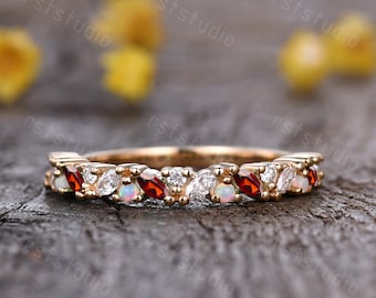 Marquise red garnet real diamond wedding band solid gold garnet white opal band bridal ring anniversary ring birthstone gift 925 silver ring