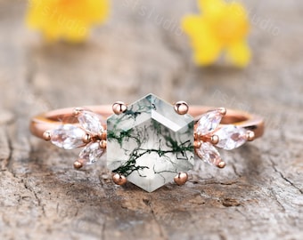 Anillo de compromiso único de ágata musgosa hexagonal, anillo vintage de oro rosa con ágata musgosa, alianza de boda con diamantes, joyería de ágata musgosa, anillos de plata