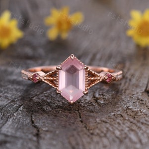 Hexagon Rose Quartz Engagement Ring: Pink Tourmaline, Art Deco Rose Gold