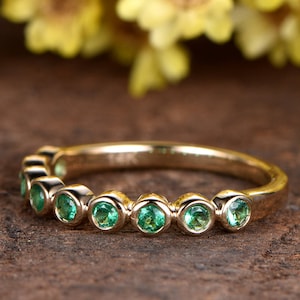 Green Emerald wedding band solid 14K yellow gold emerald engagement ring half eternity diamond band women anniversary ring stackable ring