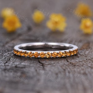 Citrine Ring Natural Citrine Wedding Band Solid 14k White Gold Half Eternity Ring Stacking Matching Band Anniversary Promise Ring Thin Pave