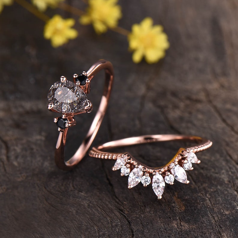 1.2ct Pear Cut Vintage Black Rutilated Quartz Engagement Ring Set,14K Rose Gold black spinel 3 stone ring,Antique Black Gemstone image 3