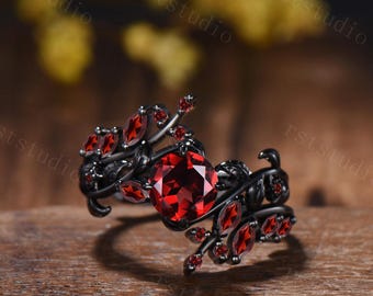 Anillo de compromiso gótico de granate, rama de oro negro, alianza de boda con forma de marquesa.