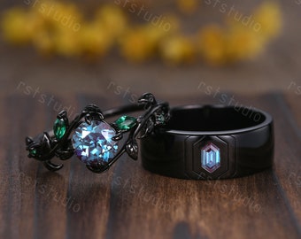Gothic Hexagon Alexandrite Wedding Ring Silver Black Gold Ring Plain Stacking Matching Band Unique Promise Ring Anniversary Gift For Men