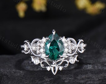 Art Deco Pear Shaped Emerald Engagement Ring Set, Norse Viking Cluster Diamond Band, 14k White Gold May Birthstone Wedding Set for Women