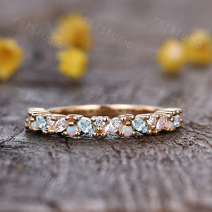 Marquise blue aquamarine diamond wedding band solid gold aquamarine opal band bridal ring anniversary ring March birthstone gift silver ring