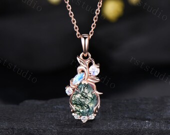 Vintage Moss Agate Necklace Floral Filigree Moonstone Pendant, 14K Rose Gold Pear Shaped Pendant Anniversary Jewelry Gift
