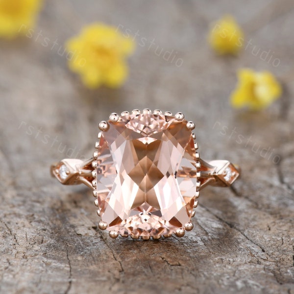 5.2ct Natural Morganite Engagement Ring Morganite Jewelry Rings 14K Rose Gold Diamond Band Morganite Gemstone Unique Wedding Ring Set