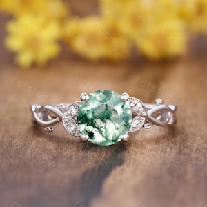 Nature inspired Leaf Branch Wedding Ring Round Cut Moss Agate Engagement Ring Green Agate Ring with Vines Handmade Jewelry Anniversary Gift