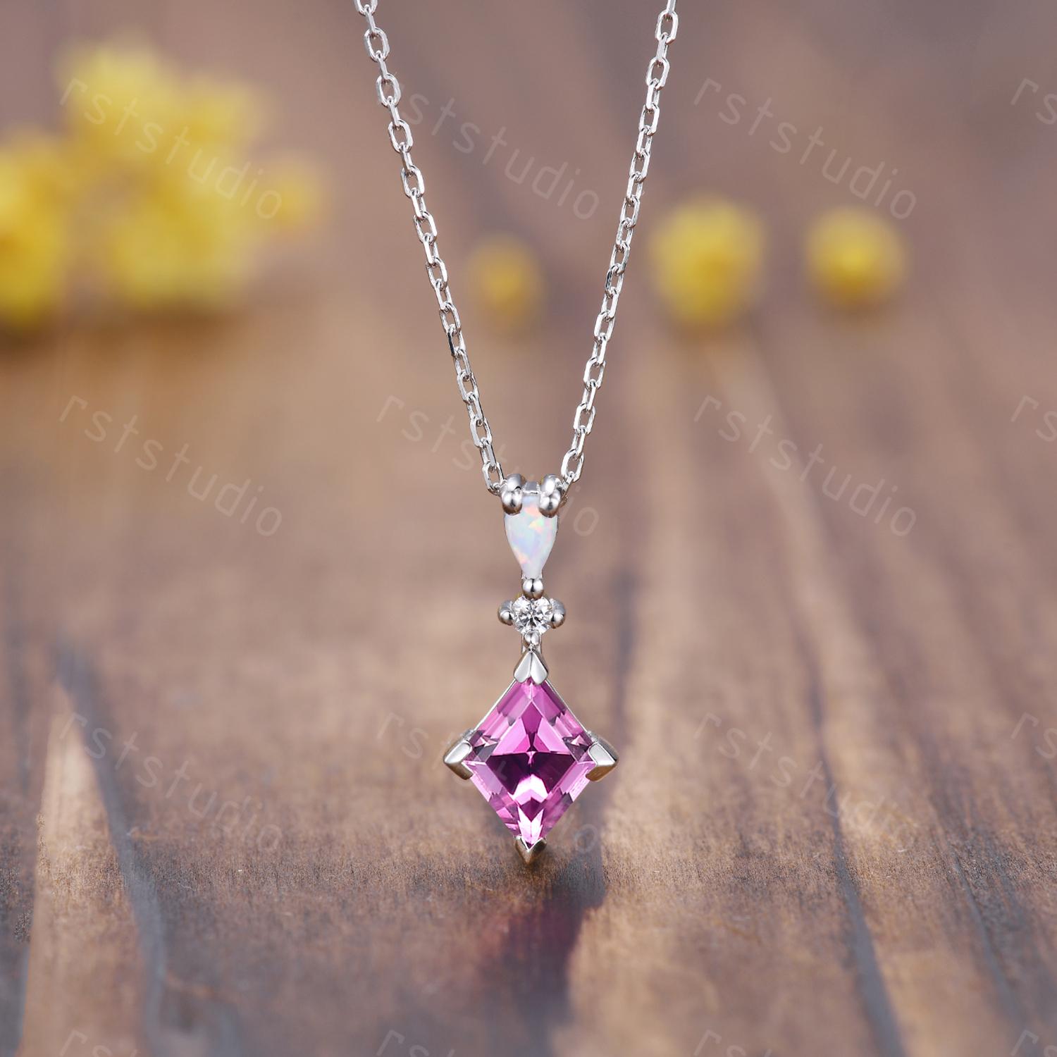 Vintage lozenge cut pink sapphire necklace pink sapphire pendant,unique white opal diamond necklace white gold promise anniversary gifts