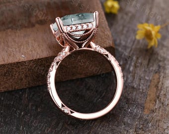 10x10mm Big Princess Cut Moss Agate Engagement Ring 14K Rose Gold Hidden Halo Moissanite Ring, Milgrain Diamond Pave Chunky Anniversary Ring
